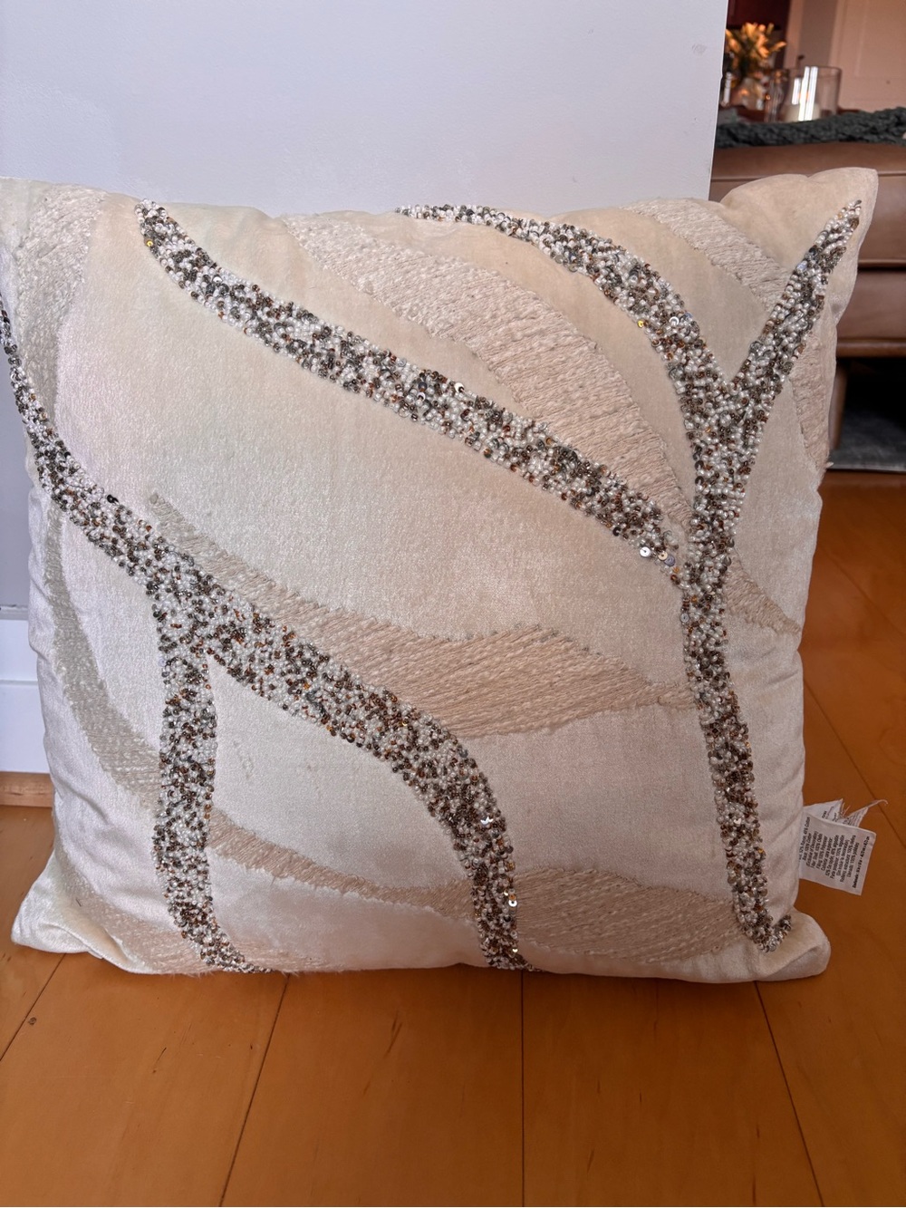 Sequined Leaf Pattern Decorative Pillow - Neutral Champagne